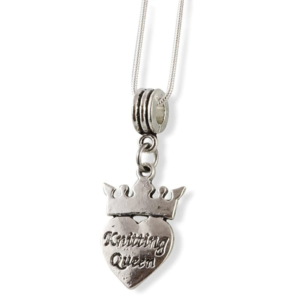 Knitting Queen with Crown and Heart Snake Chain Necklace